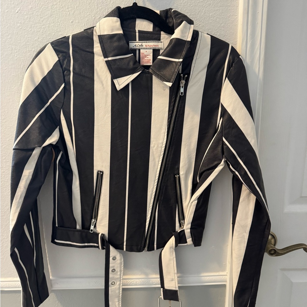 Flying Tomato Black and White Striped Leather Jacket